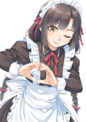 Rule 34 | 1girl, ;p, apron, black dress, black hair, bow, braid, brown eyes, center frills, closed mouth, collared dress, dress, frilled apron, frills, hair bow, heart, heart hands, layered sleeves, long hair, long sleeves, low twintails, maid headdress, miri (ago550421), one eye closed, original, puffy short sleeves, puffy sleeves, red bow, short over long sleeves, short sleeves, simple background, smile, solo, tongue, tongue out, twin braids, twintails, very long hair, white apron, white background