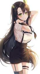 Rule 34 | 1girl, absurdres, black necktie, black skirt, blush, breasts, brown hair, commentary request, demon horns, garter straps, hands in hair, hands up, highres, horns, huge filesize, large breasts, long hair, necktie, o-ring, o-ring top, original, parted lips, pencil skirt, shirt, shirt tucked in, short sleeves, single thighhigh, skirt, solo, tess (88884), thigh strap, thighhighs, very long hair, white shirt, yellow eyes