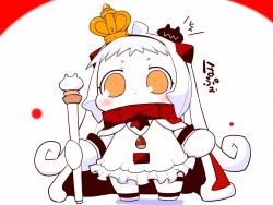 Rule 34 | 10s, 1girl, abyssal ship, acorn, ahoge, cape, collar, commentary request, cosplay, crown, dress, enemy aircraft, enemy aircraft (kancolle), frilled dress, frills, fur trim, holding, holding staff, horns, jewelry, kantai collection, long hair, mini crown, mittens, necklace, northern ocean princess, orange eyes, sako (bosscoffee), sitting, sitting on head, sitting on person, sketch, sleeveless, sleeveless dress, staff, text focus, thigh strap, translation request, warspite (kancolle), warspite (kancolle) (cosplay), white background