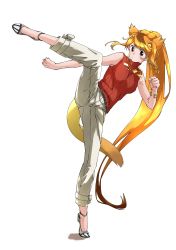 Rule 34 | 1girl, absurdres, animal ears, bare shoulders, blonde hair, bracelet, brown eyes, capri pants, casual, circlet, commentary request, full body, golden snub-nosed monkey (kemono friends), high heels, high kick, highres, jewelry, kemono friends, kemono friends 3, kicking, long hair, monkey ears, monkey girl, monkey tail, multicolored hair, necklace, official alternate costume, orange hair, pants, ponytail, red sweater, sleeveless, solo, sweater, sweater vest, tail, tanabe (fueisei), turtleneck, turtleneck sweater, white pants