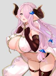 Rule 34 | 1girl, asymmetrical bangs, belly, black panties, blue eyes, braid, breasts, brown thighhighs, cleavage, coat, draph, gloves, granblue fantasy, grey background, hair ornament, hair over one eye, hands on own chest, heart, heart-shaped pupils, highres, horns, narmaya (granblue fantasy), no bra, one eye covered, panties, pink hair, pointy ears, simple background, skindentation, solo, symbol-shaped pupils, thigh strap, thighhighs, thighs, underwear