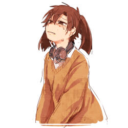 Rule 34 | 1girl, blunt ends, brown eyes, brown hair, brown sweater, collared shirt, commentary request, cropped torso, crying, crying with eyes open, enomoto takane, hair between eyes, headphones, headphones around neck, kagerou project, long bangs, long sleeves, looking up, sad, school uniform, shirt, solo, sweater, tears, upper body, v-neck, wastegoma, white shirt
