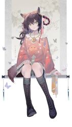 Rule 34 | 1girl, animal ears, arknights, black footwear, boots, brown hair, cigarette p, extra ears, full body, green eyes, hair between eyes, hair ornament, highres, jewelry, knee boots, long hair, long sleeves, looking at viewer, lunacub (arknights), lunacub (clouds float like ideas of art) (arknights), necklace, official alternate costume, red shirt, scroll, shirt, sitting, solo, tail, wolf ears, wolf girl, wolf tail