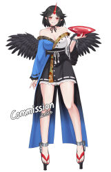 Rule 34 | 1girl, alcohol, aroevela, artist name, asymmetrical clothes, black choker, black hair, black wings, breasts, chain, choker, cleavage, coattails, commentary, commission, cuffs, cup, english commentary, english text, feathered wings, fingernails, frilled skirt, frills, fusion, geta, highres, holding, holding cup, horns, hoshiguma yuugi, large breasts, leaf print, looking at viewer, multicolored clothes, nail polish, off shoulder, oni horns, pointy ears, red eyes, red horns, red nails, ribbon choker, sakazuki, sake, shackles, shameimaru aya, sharp fingernails, short hair, single horn, skirt, solo, star (symbol), tengu, tengu-geta, toenail polish, toenails, toes, touhou, white background, wide sleeves, wings