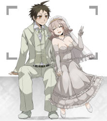 Rule 34 | 1boy, 1girl, ahoge, bare shoulders, belt, breast pocket, breasts, bridal veil, bride, brown eyes, brown hair, buttons, cleavage, closed eyes, closed mouth, collared shirt, couple, danganronpa (series), danganronpa 2: goodbye despair, dress, elbow gloves, facing viewer, formal, frilled dress, frills, full body, gloves, groom, hand up, happy, head on another&#039;s shoulder, height difference, hetero, hinata hajime, holding hands, interlocked fingers, jacket, jewelry, leaning on person, leaning to the side, long dress, long sleeves, looking at another, medium breasts, medium hair, nanami chiaki, open clothes, open jacket, open mouth, pants, pendant, pink hair, pocket, shirt, shoes, short hair, sitting, smile, strapless, strapless dress, suit, suit jacket, suzuka (rekkyo), veil, vest, viewfinder, wedding dress, wing collar