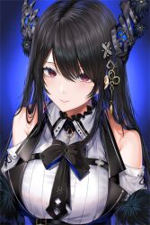 Rule 34 | 1girl, asymmetrical horns, bare shoulders, black hair, blue hair, breasts, colored inner hair, demon horns, fur trim, hair ornament, highres, hololive, hololive english, horns, large breasts, long hair, looking at viewer, mole, mole under eye, multicolored hair, nerissa ravencroft, nerissa ravencroft (1st costume), parted lips, r3d, red eyes, smile, solo, two-tone hair, uneven horns, virtual youtuber