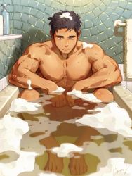 Rule 34 | 1boy, abs, bara, barefoot, bathtub, black hair, closed mouth, gentle2nd, large pectorals, looking at viewer, male focus, mature male, muscular, muscular male, nipples, nude, original, pectorals, short hair, solo, stomach
