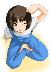 Rule 34 | 1girl, :p, ;p, amagami, arm support, barefoot, blue overalls, blunt bangs, blush, bob cut, brown eyes, brown hair, commentary, from above, gradient background, hair strand, hand on own head, highres, indian style, jishaku (user rcuz2843), knocking, looking at viewer, looking up, messy hair, on ground, one eye closed, overalls, partially unbuttoned, shirt, short hair, short sleeves, sitting, smile, solo, strap slip, t-shirt, tachibana miya, tongue, tongue out, white background, white shirt, yellow background