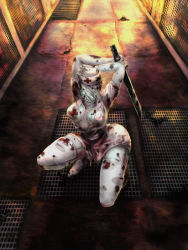 Rule 34 | 1girl, bandages, blood, breasts, bubble head nurse, cleavage, faceless, gloves, hat, knife, monster girl, nurse, nurse cap, silent hill, silent hill (series), silent hill 2, solo, thighhighs