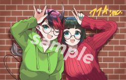 Rule 34 | 2girls, alternate costume, animal ears, animare, black-framed eyewear, black hair, blue eyes, blue nails, blunt bangs, blush, bob cut, breasts, brick wall, commentary request, commission, demon girl, demon horns, demon tail, dog ears, glasses, green hair, green hoodie, hashiba natsumi (animare), highres, hood, hoodie, horns, large breasts, looking at viewer, multicolored hair, multiple girls, nail polish, nanashi inc., open mouth, pointy ears, red hair, red nails, red sweater, ribbed sweater, round eyewear, ryugasaki rene, sample watermark, short hair, skeb commission, smile, sugar lyric, sweater, tail, thick eyebrows, two-tone hair, upper body, v, virtual youtuber, watermark, zono (inokura syuzo029)