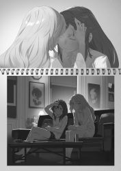 Rule 34 | 2girls, clock, closed eyes, couch, cup, drawing (object), drinking glass, forehead-to-forehead, greyscale, hand on forehead, heads together, long hair, maribel hearn, monochrome, multiple girls, no pants, pillow, sitting, table, touhou, usami renko, wine glass, yamamomo (plank)