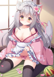 Rule 34 | 1girl, absurdres, animal ear fluff, animal ears, apron, apron lift, ball, black thighhighs, blush, bow, bow panties, breasts, brown eyes, cherry blossoms, cleavage, clothes lift, dog ears, dog girl, dog tail, fengshen chino, floral print, flower, grey hair, hair bow, hair flower, hair ornament, highres, indoors, japanese clothes, kimono, kimono lift, lifting own clothes, long hair, looking at viewer, maid, maid headdress, off shoulder, on floor, oppai loli, original, panties, petals, pink kimono, pink panties, print kimono, ribbon, short kimono, sitting, smile, solo, tail, tatami, thighhighs, thighs, underwear, wa maid, waist apron, white apron