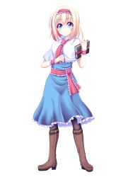 Rule 34 | 1girl, alice margatroid, ascot, blonde hair, blush, book, boots, brown footwear, brown pantyhose, capelet, frills, full body, hairband, highres, knee boots, pantyhose, reimei (r758120518), solo, tachi-e, touhou, transparent background