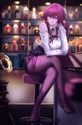 Rule 34 | 1girl, absurdres, alcohol, bar (place), bar stool, breasts, chair, collared shirt, counter, crossed legs, drink, gloves, hair between eyes, highres, honkai: star rail, honkai (series), kafka (honkai: star rail), large breasts, long hair, long sleeves, looking at viewer, no shoes, pantyhose, purple eyes, purple gloves, purple hair, round eyewear, shirt, silberein, sitting, smile, solo, stool, thighs, white shirt