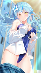 Rule 34 | 1girl, ahoge, blue hair, blue nails, blush, breasts, cameltoe, cleavage, closed mouth, colored tips, competition swimsuit, covered navel, elf, flower, hair between eyes, hair flower, hair ornament, heart, heart ahoge, highleg, highleg swimsuit, highres, hololive, large breasts, long hair, long sleeves, looking at viewer, mizuno kurage, multicolored hair, nail polish, one-piece swimsuit, pointy ears, sideboob, skirt, unworn skirt, solo, swimsuit, virtual youtuber, whistle, whistle around neck, yellow eyes, yukihana lamy