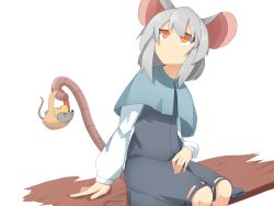 Rule 34 | 1girl, absurdres, animal ears, basket, blouse, capelet, cheese, expressionless, food, grey hair, highres, holding, holding with tail, long sleeves, looking up, mouse (animal), mouse ears, mouse tail, nazrin, orange eyes, prehensile tail, shirt, short hair, sitting, skirt, skirt set, solo, tail, tokoname, touhou, vest, white background