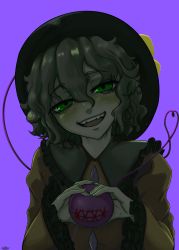 Rule 34 | 1girl, absurdres, bags under eyes, colored skin, frills, green eyes, green hair, grey skin, hat, heart, heart hands, highres, komeiji koishi, looking at viewer, md5 mismatch, open mouth, purple background, ramnik5, short hair, simple background, smile, solo, standing, stitches, teeth, touhou, upper body, upper teeth only, wavy hair