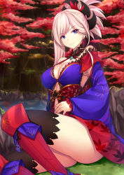 Rule 34 | &gt;:), 1girl, armpit peek, ass, asymmetrical hair, bare shoulders, black thighhighs, blue eyes, breasts, cleavage, closed mouth, fate/grand order, fate (series), floral print, frills, from side, hair ornament, highres, japanese clothes, kimono, long sleeves, looking at viewer, looking to the side, magatama, medium breasts, miyamoto musashi (fate), miyamoto musashi (third ascension) (fate), nature, obi, outdoors, pak ce, ponytail, sash, sideboob, silver hair, sitting, solo, thighhighs, v-shaped eyebrows, wide sleeves