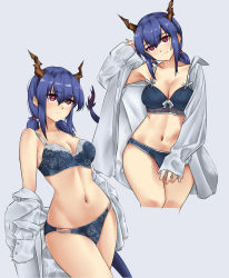Rule 34 | 1girl, absurdres, arknights, bare shoulders, blouse, blue bra, blue hair, blue panties, bra, breasts, casperrin, ch&#039;en (arknights), cleavage, commentary, cropped legs, dragon horns, dragon tail, english commentary, grey background, head tilt, highres, horns, large breasts, long hair, looking at viewer, low twintails, multiple views, navel, off shoulder, open clothes, open shirt, panties, red eyes, shirt, sidelocks, simple background, smile, standing, stomach, tail, thighs, twintails, underwear, white shirt