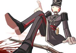 Rule 34 | black pants, blood, buttons, gloves, green eyes, gun, hands on floor, hat, highres, lethal company, looking at viewer, military hat, military uniform, no humans, nutcracker, nutcracker (lethal company), one-eyed, pants, pointing, pointing up, pouch, sanqiangejiao, sash, shako cap, shoes, shotgun, sitting, uniform, weapon, weapon on floor, white background, white gloves