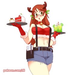 Rule 34 | 1girl, :o, alternate costume, antlers, bare shoulders, bell, belt, blush, breasts, brown hair, cake, cake slice, choker, commentary, cowboy shot, crop top, cutoffs, drinking straw, english commentary, fake antlers, food, freckles, fur-trimmed gloves, fur trim, glasses, gloves, green eyes, hair ornament, holding, holding tray, holly hair ornament, horns, jingle bell, katawa shoujo, large breasts, long hair, looking at viewer, midriff, neck bell, open mouth, patreon username, pen, red choker, red gloves, rtil, shirakawa yuuko, shorts, simple background, solo, suspender shorts, suspenders, tray, white background