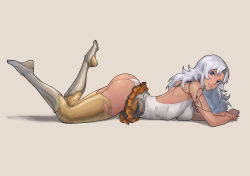Rule 34 | 1girl, absurdres, ass, blue eyes, dark-skinned female, dark skin, elma (xenoblade x), highres, looking at viewer, on ground, ozkh, simple background, solo, white hair, xenoblade chronicles (series), xenoblade chronicles x