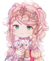 Rule 34 | 1girl, bad id, bad pixiv id, brown dress, closed mouth, commentary request, dress, final fantasy, final fantasy xiv, floral print, green eyes, hand up, headpiece, highres, lalafell, layered sleeves, light brown hair, long sleeves, nanamo ul namo, pointy ears, poyo (shwjdddms249), puffy short sleeves, puffy sleeves, short over long sleeves, short sleeves, sidelocks, simple background, sleeves past wrists, smile, solo, swept bangs, upper body, white background