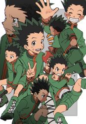 Rule 34 | 1boy, black hair, child, commentary request, eating, food, fruit, gon freecss, green footwear, green hair, green jacket, green shorts, hand wave, highres, holding, holding food, hunter x hunter, jacket, looking at viewer, male focus, oishi gohan11 2, short hair, shorts, smile, spiked hair, tears
