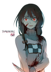 Rule 34 | 1girl, blood, braid, brown hair, checkered clothes, checkered skirt, copyright name, english text, getiao, hair bobbles, hair ornament, madotsuki, red eyes, skirt, smile, solo, twin braids, yandere, yume nikki