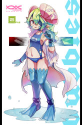 Rule 34 | 1girl, absurdres, aqua gloves, big anteater, clothing cutout, earrings, full body, gloves, green hair, hair between eyes, hand up, highres, jewelry, long hair, one-piece swimsuit, one eye covered, original, parted lips, pink eyes, pointy ears, smile, solo, spiked anklet, standing, stomach cutout, swimsuit, thighhighs, water