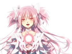 Rule 34 | 10s, 1girl, bow, dress, female focus, gloves, hair bow, kaname madoka, kururumy, long hair, magic, magical girl, mahou shoujo madoka magica, mahou shoujo madoka magica (anime), outstretched hand, pink hair, short twintails, solo, twintails, two side up, ultimate madoka, upper body, very long hair, white background, yellow eyes