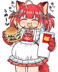 Rule 34 | 1girl, :3, akami karubi, animal hands, apron, blonde hair, bow, burger, cat girl, closed eyes, collar, colored tips, commentary request, cowboy shot, dress, drink, fangs, food, food bite, furrowed brow, gloves, happy, holding, holding drink, holding food, indie virtual youtuber, kanikama, multicolored hair, open mouth, papa&#039;s gameria, paw gloves, pleated dress, raised eyebrows, red bow, red dress, red hair, short dress, short twintails, smile, solo, striped bow, tail, tongue, tongue out, twintails, virtual youtuber, white apron