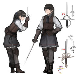 Rule 34 | 1girl, absurdres, belt, black hair, blue neckerchief, boots, bowing, brown footwear, brown gloves, closed eyes, from side, full body, gloves, grey eyes, hair tie, hand on own hip, highres, holding, holding sword, holding weapon, knee pads, leather, leather belt, leather gloves, light smile, long sleeves, neckerchief, original, ponytail, rampart1028, sidelocks, simple background, single knee pad, sketch, standing, sword, variations, weapon, white background