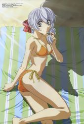 Rule 34 | 00s, 1girl, absurdres, ahoge, ass, bikini, bow, braid, breasts, cleavage, day, from above, from side, full metal panic!, grey eyes, hair between eyes, hair ribbon, highres, holding, holding own hair, horiuchi osamu, kneepits, official art, orange bikini, outdoors, ribbon, scan, side-tie bikini bottom, silver hair, single braid, solo, swimsuit, teletha testarossa