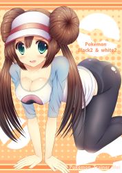 Rule 34 | 10s, 1girl, all fours, ass, black pantyhose, blush, breasts, brown hair, character name, cleavage, copyright name, covered erect nipples, creatures (company), crotch seam, double bun, female focus, game freak, hair bun, hat, highres, long hair, looking at viewer, nintendo, no pants, open mouth, panties, panties under pantyhose, pantyhose, pokemon, pokemon bw2, raglan sleeves, rosa (pokemon), solo, striped clothes, striped panties, taiki ken, twintails, underwear, visor cap