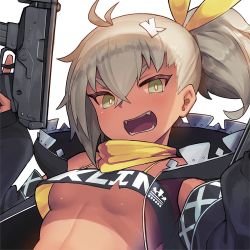Rule 34 | 1girl, bad id, bad twitter id, bandana, breasts, bright pupils, character name, commentary request, dakunesu, dark-skinned female, dark skin, detached sleeves, eyebrows hidden by hair, fangs, girls&#039; frontline, green eyes, grey hair, gun, hair between eyes, hair ornament, hood, hoodie, klin (girls&#039; frontline), looking at viewer, no bra, open mouth, ponytail, pp-91 kedr, ribbon, small breasts, solo, strap, submachine gun, thick eyebrows, thighhighs, underboob, upper body, upshirt, weapon, yellow bandana, yellow neckwear