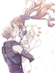 Rule 34 | 1boy, 1girl, absurdres, aerith gainsborough, aerith gainsborough (prism dress), armor, arms around waist, belt, black sleeves, blonde hair, blue flower, blue ribbon, blue rose, breasts, brown hair, closed eyes, cloud strife, cloud strife (murasame), couple, detached sleeves, dress, dress flower, final fantasy, final fantasy vii, final fantasy vii ever crisis, final fantasy vii remake, flower, gold trim, hair flower, hair ornament, hair ribbon, hand on another&#039;s arm, hetero, highres, imminent kiss, long hair, makiron, medium breasts, official alternate costume, parted bangs, plunging neckline, ponytail, ribbon, rose, see-through, see-through sleeves, short hair, shoulder armor, sidelocks, sleeveless, sleeveless dress, spiked hair, suspenders, tiara, upper body, wavy hair, white background, white dress, white sleeves