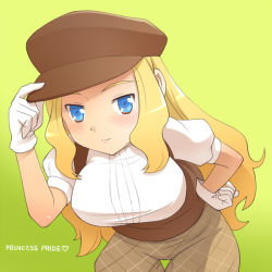 Rule 34 | 00s, 1girl, beret, blonde hair, blue eyes, blush, breasts, capcom, character name, english text, female focus, gloves, green background, hand on own hip, hat, hat tip, heart, large breasts, leaning forward, long hair, mega man (series), mega man battle network, mega man battle network (series), mega man battle network 5, meow (nekodenki), princess pride (mega man), simple background, smile, solo, thigh gap, white gloves