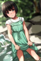 Rule 34 | 1girl, absurdres, belt, black hair, blurry, blurry background, blush, bob cut, boulder, breasts, brown eyes, clothes lift, commentary, cowboy shot, day, depth of field, dress, dress lift, dripping, dutch angle, foliage, green belt, green dress, hair strand, highres, lifting own clothes, light smile, looking at viewer, matsunaga kouyou, nose blush, original, outdoors, parted lips, partially submerged, pinafore dress, ripples, shirt, short hair, short sleeves, sleeveless, sleeveless dress, small breasts, smile, solo, standing, stream, t-shirt, tree, wading, water, water drop, waterfall, wet, wet clothes, white shirt