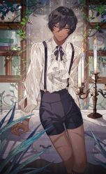 Rule 34 | 1boy, absurdres, alternate costume, arjuna (fate), black hair, black shorts, brown eyes, candle, clock, collared shirt, fate/grand order, fate (series), feet out of frame, fire, hair between eyes, high-waist shorts, highres, leaf, long sleeves, male focus, plant, shadow, shelf, shirt, shirt tucked in, short hair, shorts, smile, solo, sqloveraven, suspenders, white shirt