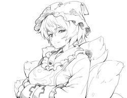 Rule 34 | 1girl, animal ears, arm under breasts, breasts, bright pupils, closed mouth, dress, fox ears, fox tail, greyscale, hair between eyes, hands in opposite sleeves, hat, large breasts, light smile, long sleeves, looking at viewer, mob cap, monochrome, multiple tails, short hair, simple background, sleeves past fingers, sleeves past wrists, smile, solo, tabard, tail, touhou, upper body, utsuke (u tuk e), white background, white pupils, wide sleeves, yakumo ran