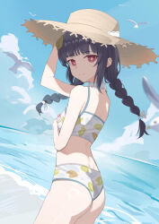 Rule 34 | 1girl, absurdres, arm under breasts, ass, beach, bikini, bird, black hair, blue archive, blush, braid, breasts, cowboy shot, day, expressionless, from side, hair ornament, hair ribbon, hand to head, hand up, hat, hendiamond, highres, leaf hair ornament, leaf print, long hair, looking at viewer, looking back, miyu (blue archive), miyu (swimsuit) (blue archive), ocean, outdoors, pale skin, print bikini, red eyes, ribbon, seagull, small breasts, solo, standing, straw hat, swimsuit, thighs, twin braids, twintails, wedgie, white ribbon