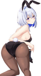 Rule 34 | 1girl, absurdres, amane kanata, animal ears, ass, bad id, bad pixiv id, bare back, bare shoulders, blue eyes, bob cut, breasts, colored inner hair, high heels, highres, holding, holding shoes, hololive, leotard, looking at viewer, looking back, medium breasts, multicolored hair, no, pantyhose, playboy bunny, purple eyes, rabbit ears, rabbit girl, rabbit tail, shoes, unworn shoes, sideboob, silver hair, simple background, single hair intake, smile, solo, streaked hair, tail, taracomax, two-tone hair, virtual youtuber, white background