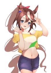 Rule 34 | 1girl, absurdres, animal ears, bare shoulders, blue eyes, blue shorts, blush, breasts, brown hair, collarbone, cowboy shot, crop top, hands up, highres, horse ears, horse girl, horse tail, long hair, looking at viewer, midriff, multicolored hair, navel, off-shoulder shirt, off shoulder, open mouth, ponytail, shirt, shorts, simple background, small breasts, smile, solo, streaked hair, striped clothes, striped shirt, tail, tokai teio (umamusume), tsujiya okuyasu, umamusume, w, white background, yellow shirt