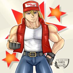 Rule 34 | absurdres, black gloves, blonde hair, blue eyes, denim, fatal fury, gloves, hat, highres, jeans, long hair, male focus, muscular, muscular male, neo geo, nintendo, pants, snk, solo, super smash bros., terry bogard, the king of fighters, vest