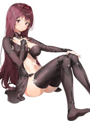 Rule 34 | 1girl, black thighhighs, bodysuit, breasts, closed mouth, commentary request, fate/grand order, fate (series), foot out of frame, hand on own chest, hand on own knee, highres, knees up, long hair, looking at viewer, medium breasts, midriff, no shoes, pixel (yuxian), purple hair, red eyes, scathach (fate), simple background, sitting, skin tight, solo, straight hair, thighhighs, very long hair, white background