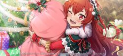 1girl artist_request bell blush bow box christmas_tree copyright_notice eris_greyrat frilled_hairband frills gift gift_box gleam green_ribbon hairband highres holding holding_sack holly long_hair mushoku_tensei mushoku_tensei:_game_ni_nattemo_honki_dasu one_eye_closed open_mouth red_bow red_eyes red_hair ribbon sack solo tinsel wrist_bow