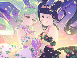 Rule 34 | 2girls, backlighting, bare shoulders, black dress, blue hair, braid, braided bangs, closed eyes, closed mouth, cloud, cowboy shot, detached sleeves, dress, falala a larm, floating hair, floral print, flower, from side, garara s leep, green hair, head chain, headphones, idol time pripara, jewelry, long hair, looking at viewer, multiple girls, n (m ohkamotoh), open mouth, petals, pink flower, pretty series, print dress, pripara, puffy detached sleeves, puffy sleeves, purple flower, siblings, sisters, sky, smile, symbol-shaped pupils, third-party source, twins, twintails, very long hair, white dress, yellow eyes