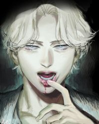 Rule 34 | 1boy, blonde hair, blood, blood from mouth, blue eyes, collarbone, dark, dudles, finger to mouth, highres, johan liebert, lips, looking at viewer, lower teeth only, male focus, monster (manga), nose, parted bangs, portrait, short hair, solo, straight-on, teeth, tongue