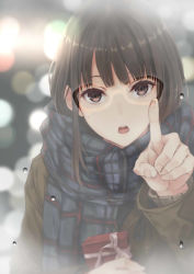 Rule 34 | 1girl, :o, blue scarf, blunt bangs, blurry, blurry background, bokeh, box, brown coat, brown eyes, brown hair, coat, depth of field, enpera, gift, gift box, glass writing, highres, holding, holding box, holding gift, long hair, long sleeves, looking at viewer, nabeshima tetsuhiro, open mouth, original, plaid, plaid scarf, scarf, solo, upper body, water drop, window